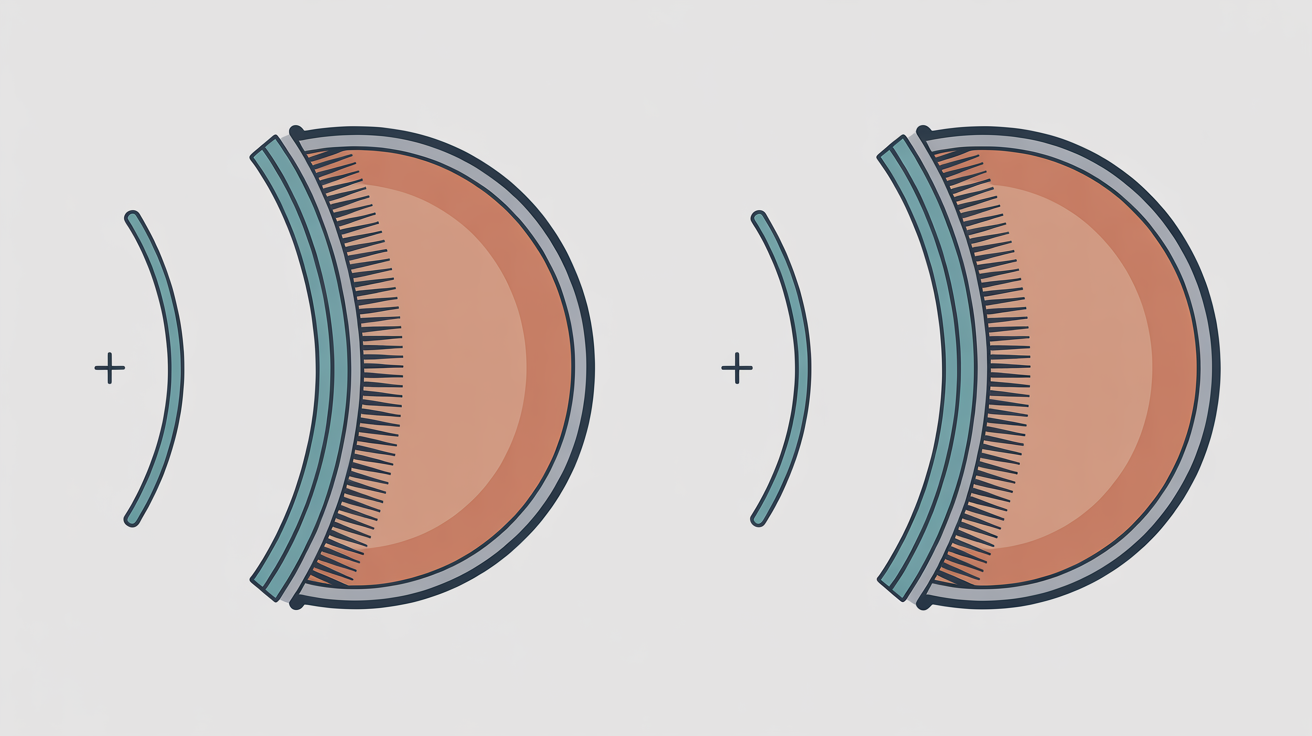 Contact lens steeper than the cornea versus flatter than the cornea, showing base curve relative to corneal curvature.