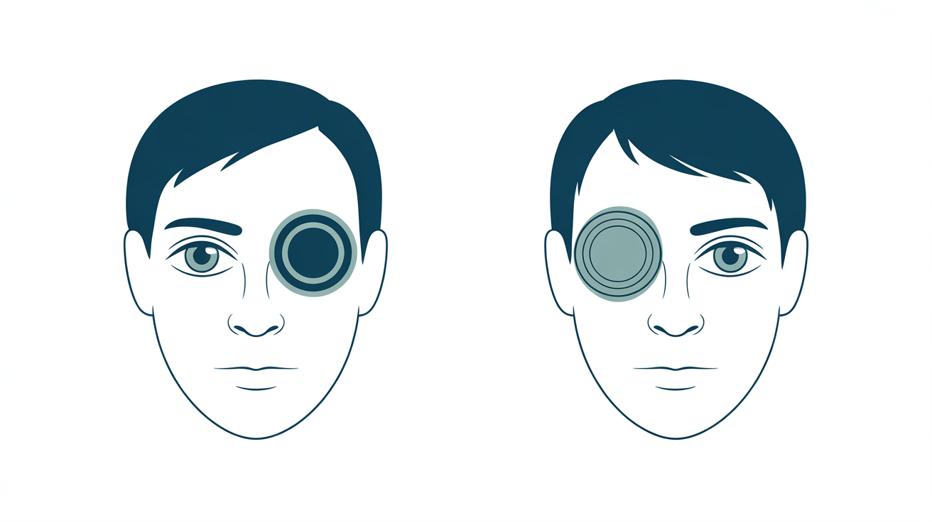 Front view of a wearer with a lens on one eye in each panel: the eye that appears on the reader's left is the wearer's right eye, OD; the eye on the reader's right is the wearer's left, OS.