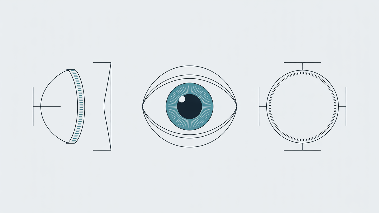Contact lens back-surface curve and edge-to-edge width shown as two callout geometries.